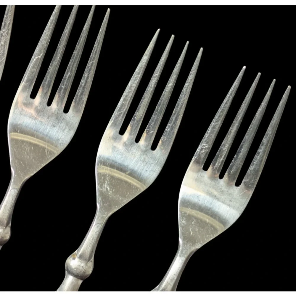 Vintage Oxford Hall Stainless Forks Japan Brown Plastic Handle 5 Pieces 1973 MCM